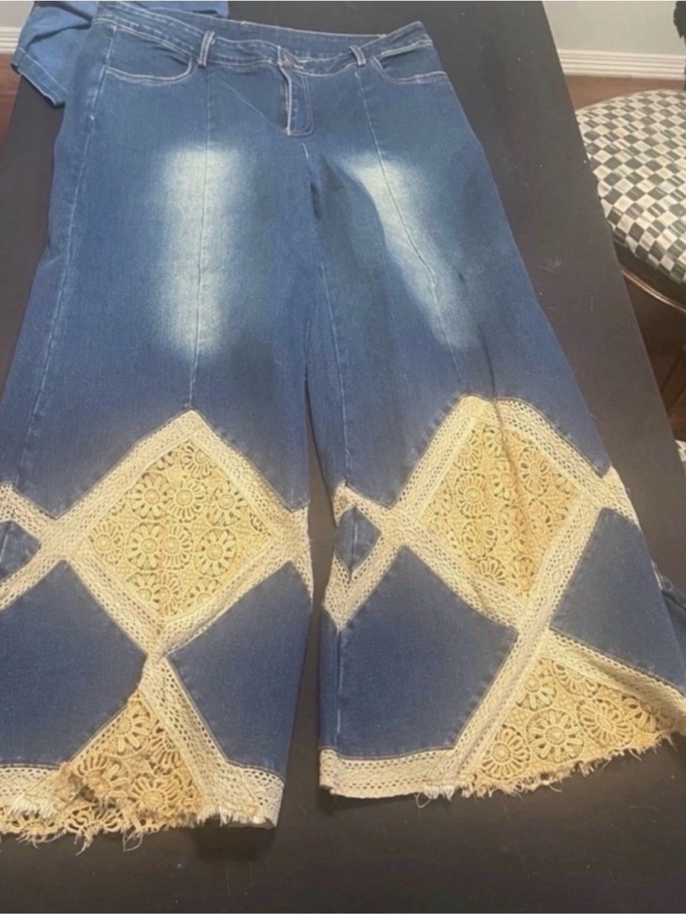 Jaded Gypsy new Women's Blue Wide-Leg Jeans with Cream Crochet Insets